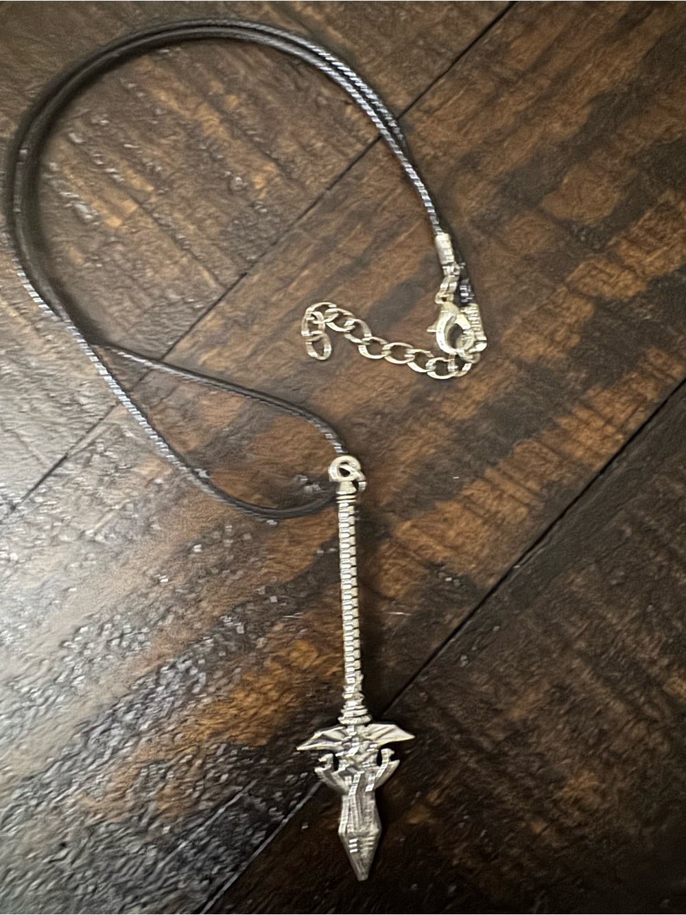 Fantasy Sword Charm Pendant Necklace Silver Tone Metal with Black Cord